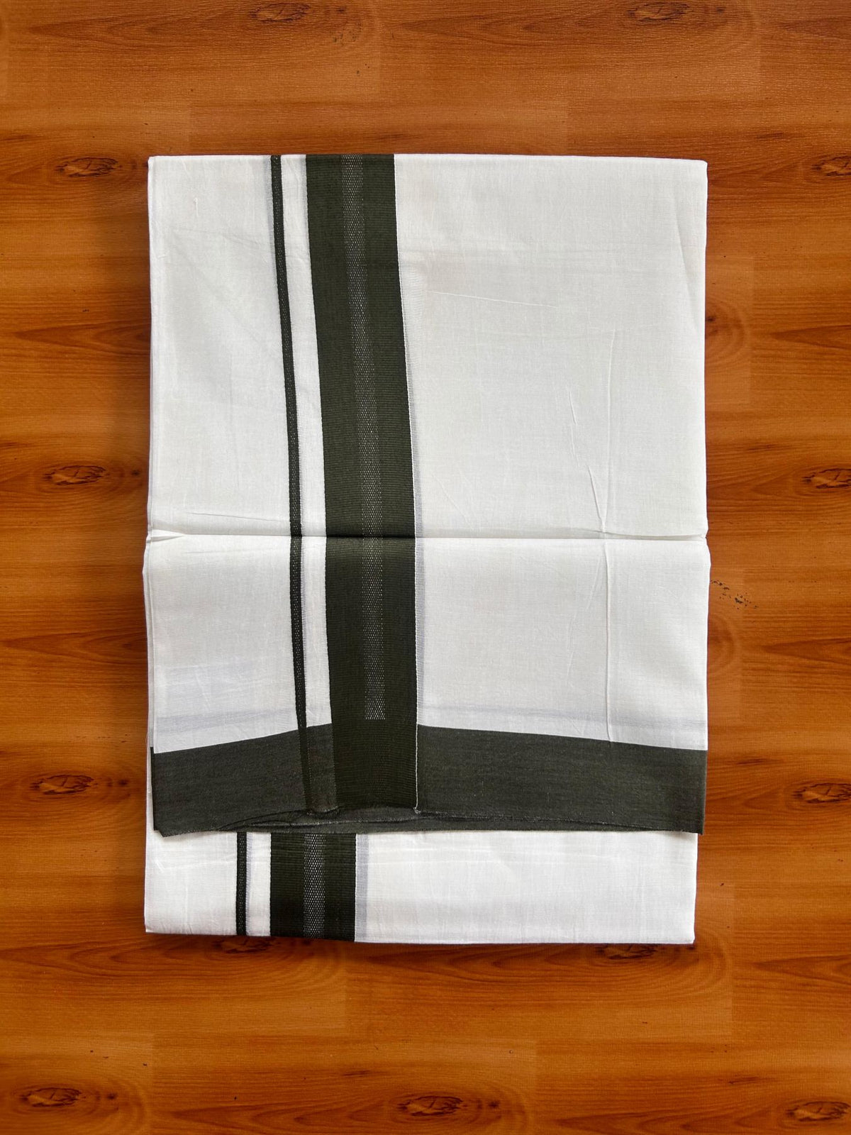 Pure White Double Mundu/Dhoti - 20% Discount ! Kaitharikada Pure Cotton - 100x80 - 1.25 inch Army Green striped Kara 3.80 mtr (8 muzham) - 61 KK5523 MC