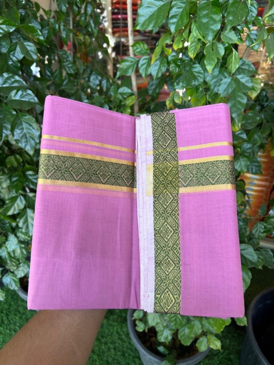 25% Discount! KaithariKada Handloom Unakkupaav Balaramapuram - 100% Cotton Double Mundu/Dhoti - Dark Onion Pink Colour Body - 1.75 inch Gold Kasav & Green Jacquard Design Kara - 5 KK5267 ABH
