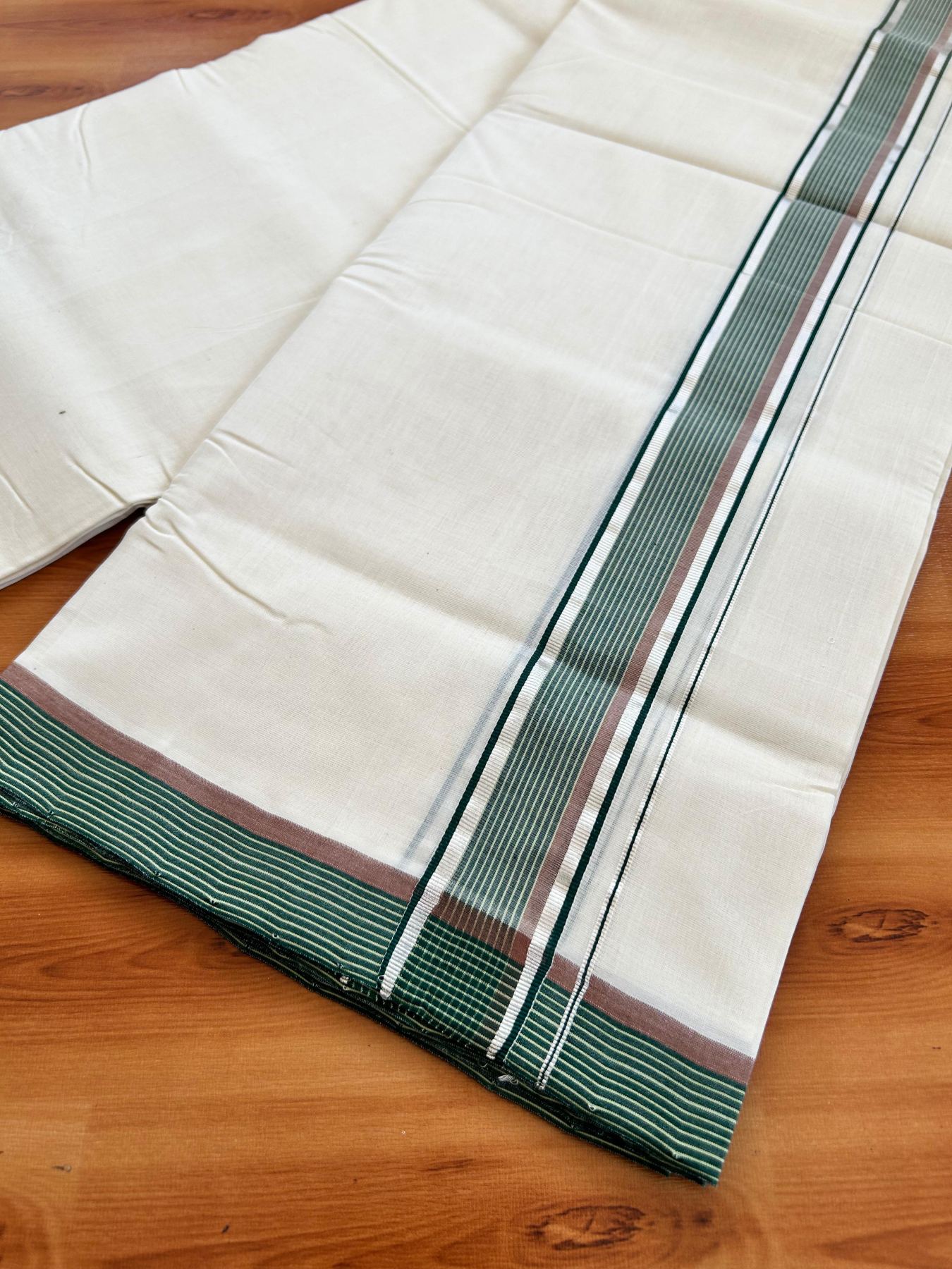Double Off White (Unbleached) Mundu/Dhoti - 25% Discount!! KaithariKada Handloom Unakkupaav - Kerala Handloom - 100% Pure Cotton - 100x80 - 1.75 inch Silver Kasav Green & Dusty Brown Stripes Kara 4.00 meter (8.5 muzham) - 14 KK5488 REA
