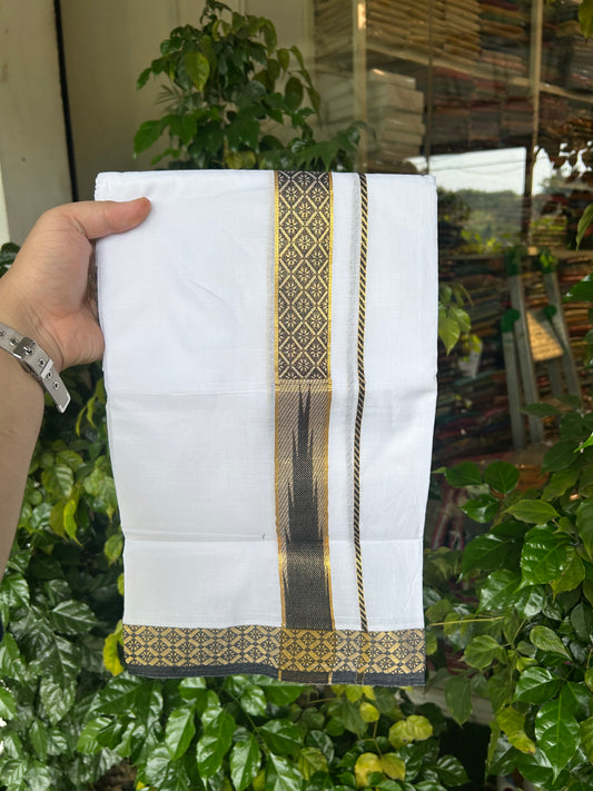 20% Discount ! KaithariKada Balaramapuram 100% Pure Cotton Double Pure White Mundu/Dhoti - 100x80 - 1.5 inch Puliyilakkara Gold Kasav & Black Jacquard Design Chutty kara 3.90 mtr (8 Muzham) - 1 KK5345 CJT