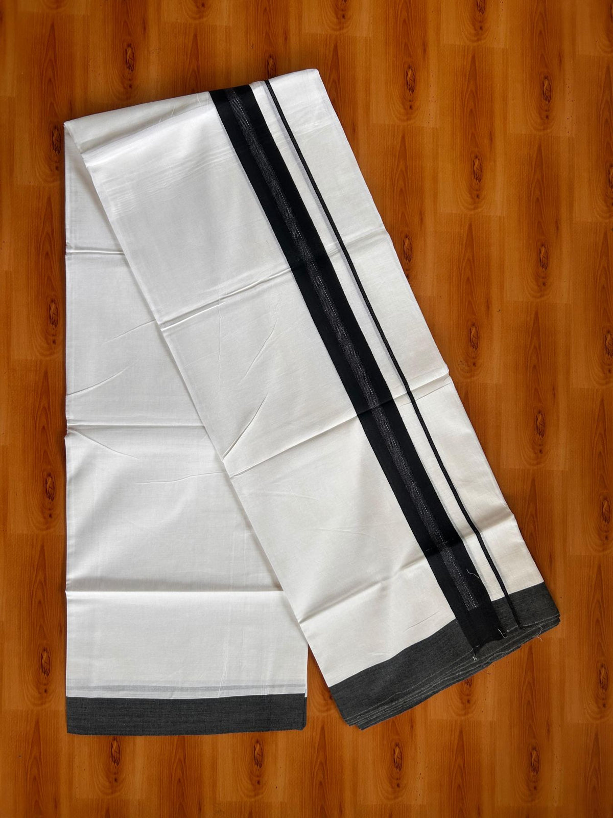 Pure White Double Mundu/Dhoti - 20% Discount ! Kaitharikada Pure Cotton - 100x80 - 1.25 inch Black striped Kara 3.80 mtr (8 muzham) - 62 KK5523 MC