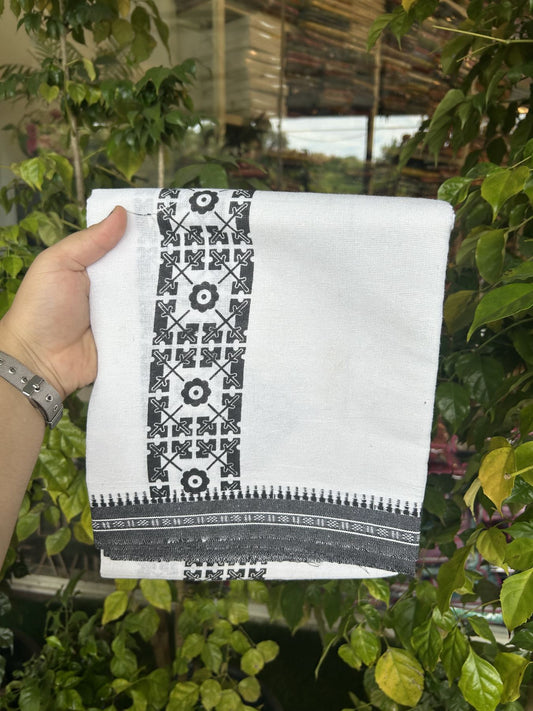 Kaitharikada - Polyster + Cotton - 40s twisted - Pure white Single Kaily / Lungi - 2.5 inch Black  Printed Kuppadam Border with White colour body (2 meter / 4 muzham) -  12 KK8041 GAN