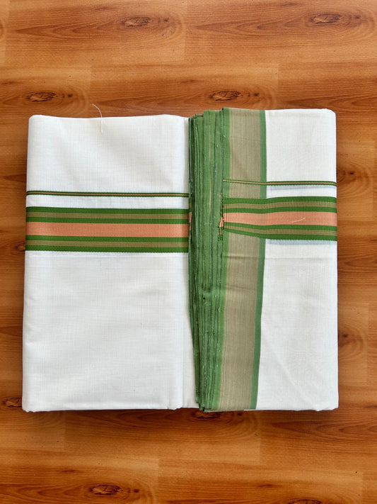 Double Off White (Unbleached) Mundu/Dhoti - 25% Discount!! KaithariKada Handloom Unakkupaav - Kerala Handloom - 100% Pure Cotton - 100x80 - 1.5 inch Orange Brown & Light Green Stripes Kara 4.00 meter (8.5 muzham) - 17 KK5488 REA