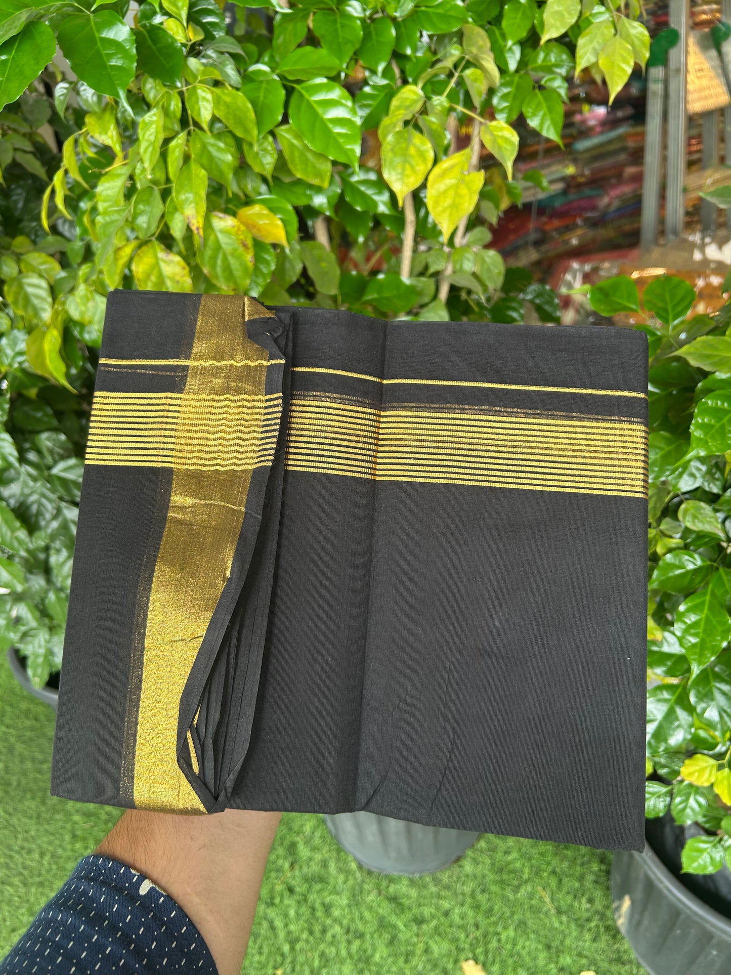 20% Discount !! KaithariKada Balaramapuram Double (Unbleached) Mundu/Dhoti - 80X90 - Black Colour Body - 1.5 inch Gold Kasav Striped Kara 4 mtr (8.5 muzham) - 2 KK5343 PMC
