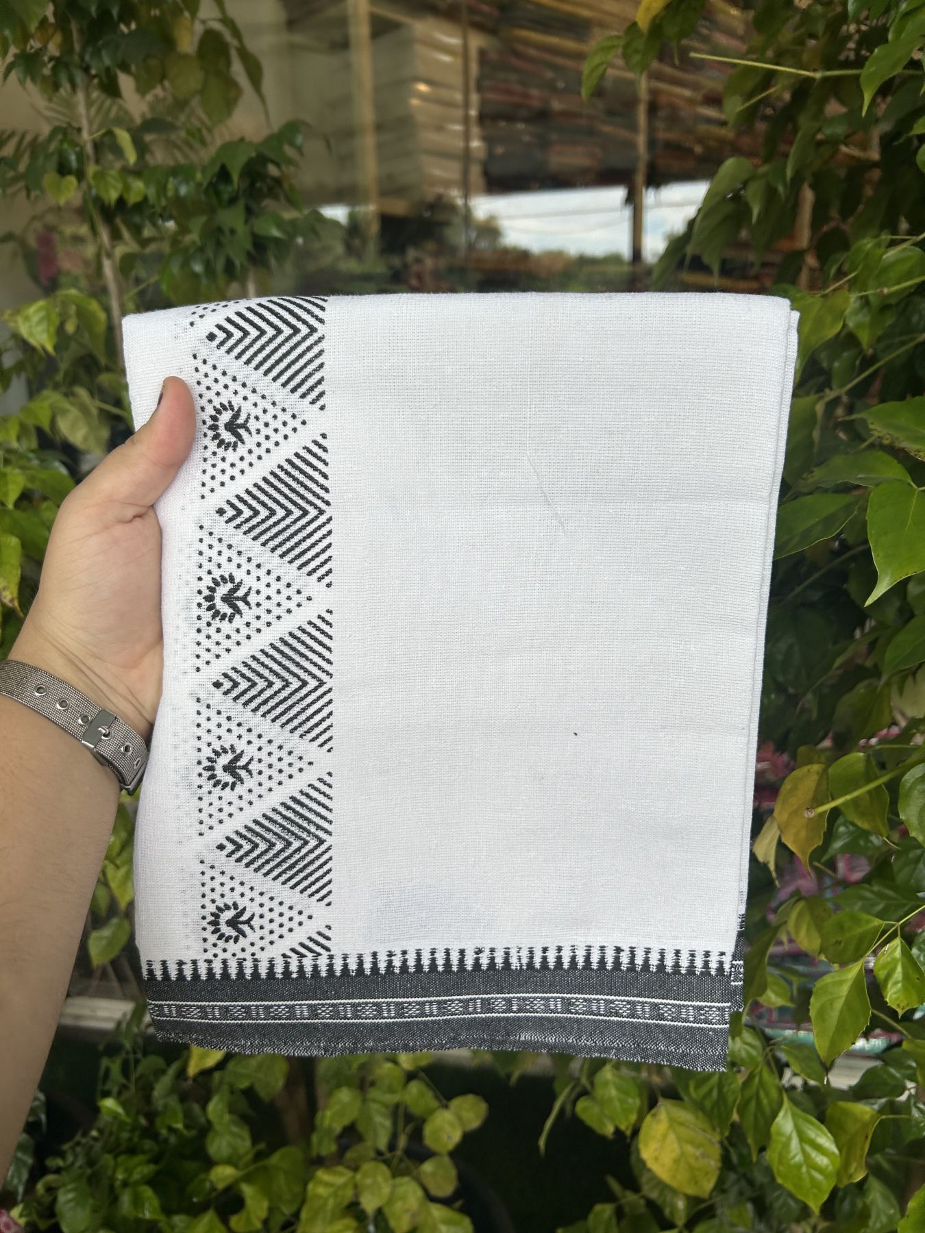 Kaitharikada - Polyster + Cotton - 40s twisted - Pure white Single Kaily / Lungi - 2 inch Black  Printed Kuppadam Border with White colour body (2 meter / 4 muzham) -  13 KK8041 GAN