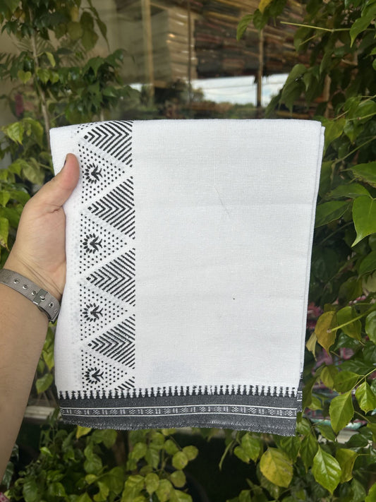 Kaitharikada - Polyster + Cotton - 40s twisted - Pure white Single Kaily / Lungi - 2 inch Black  Printed Kuppadam Border with White colour body (2 meter / 4 muzham) -  13 KK8041 GAN