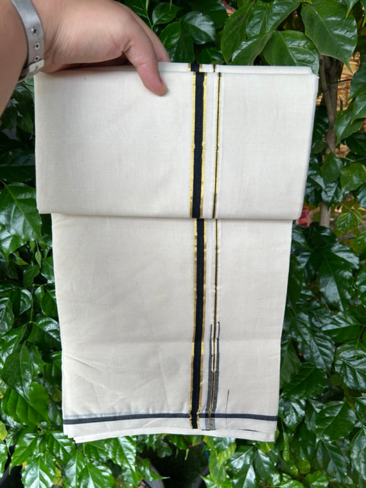 20% DISCOUNT! KaithariKada Balaramapuram 100% Cotton Double Off white - (Unbleached) Mundu/Dhoti- 100x100  0.5 inch Puliyilakkara Gold Kasavu & Black Chutty Kara - 3.86 mtr (8 muzham)- 14KK5228 ASH