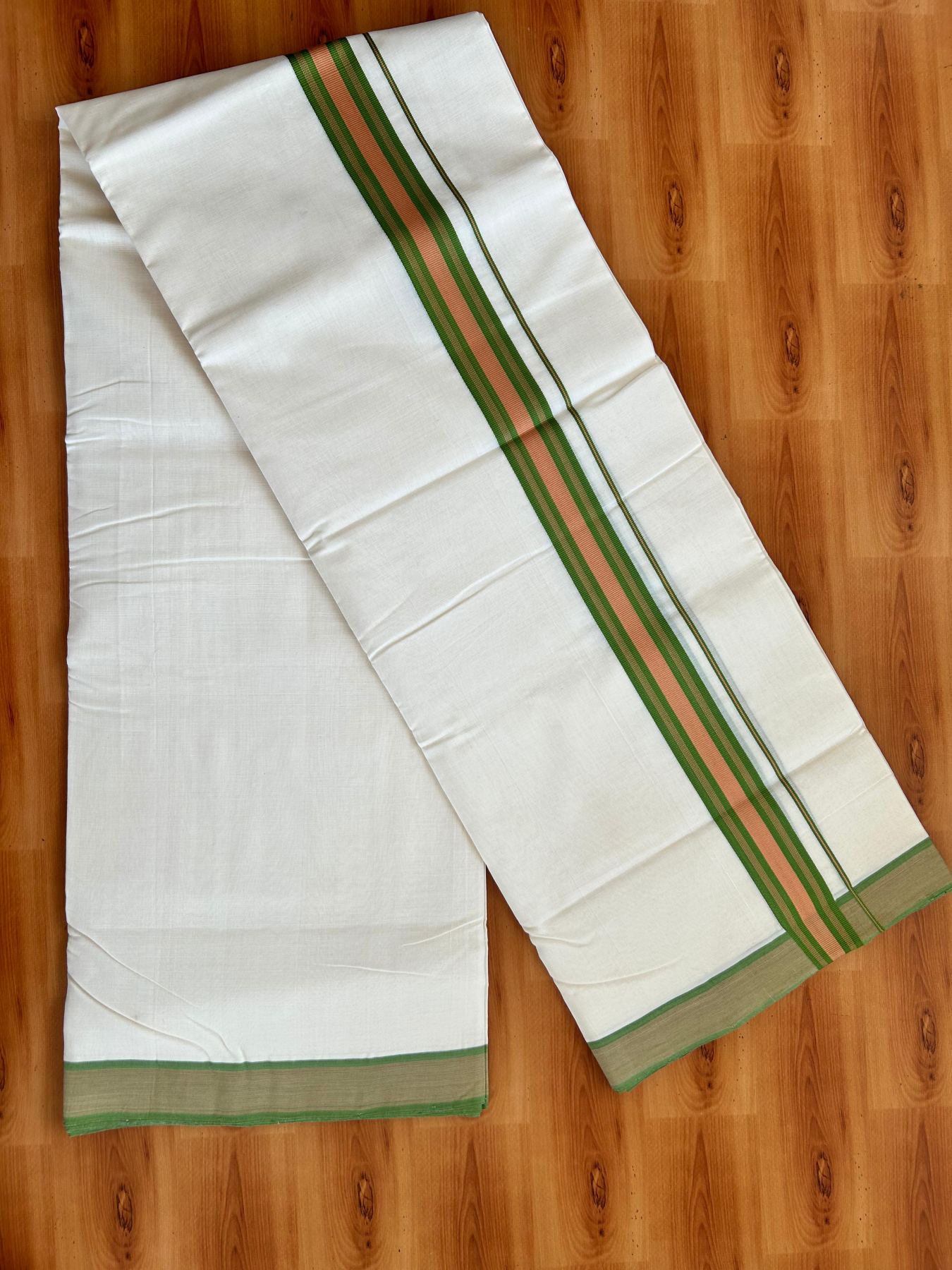 Double Off White (Unbleached) Mundu/Dhoti - 25% Discount!! KaithariKada Handloom Unakkupaav - Kerala Handloom - 100% Pure Cotton - 100x80 - 1.5 inch Orange Brown & Light Green Stripes Kara 4.00 meter (8.5 muzham) - 17 KK5488 REA
