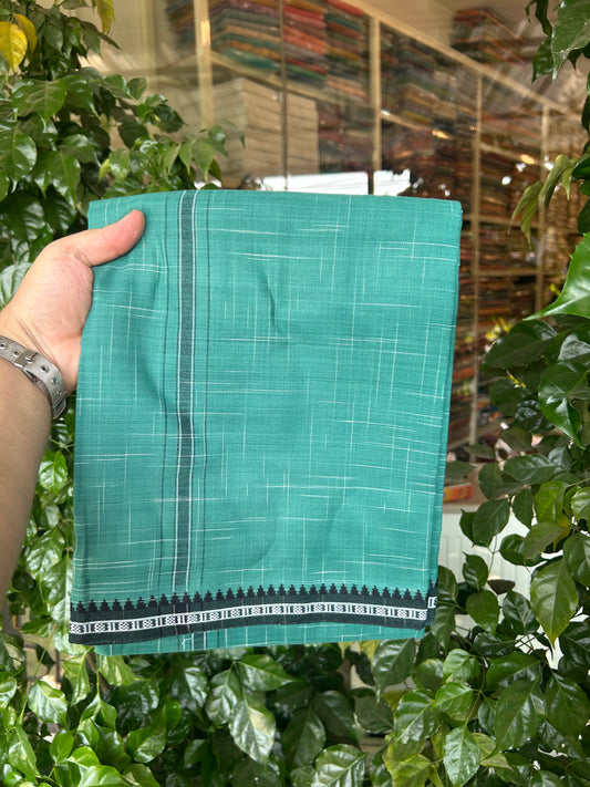 Premium Kathar Type Mund Pure cotton - Kaitharikada - Single Kaily / Lungi - 1 inch Black & White Stripes Kara kuppadam Border with Greenish Blue colour body (2 meter / 4 muzham) - 27 KK8050 MUT