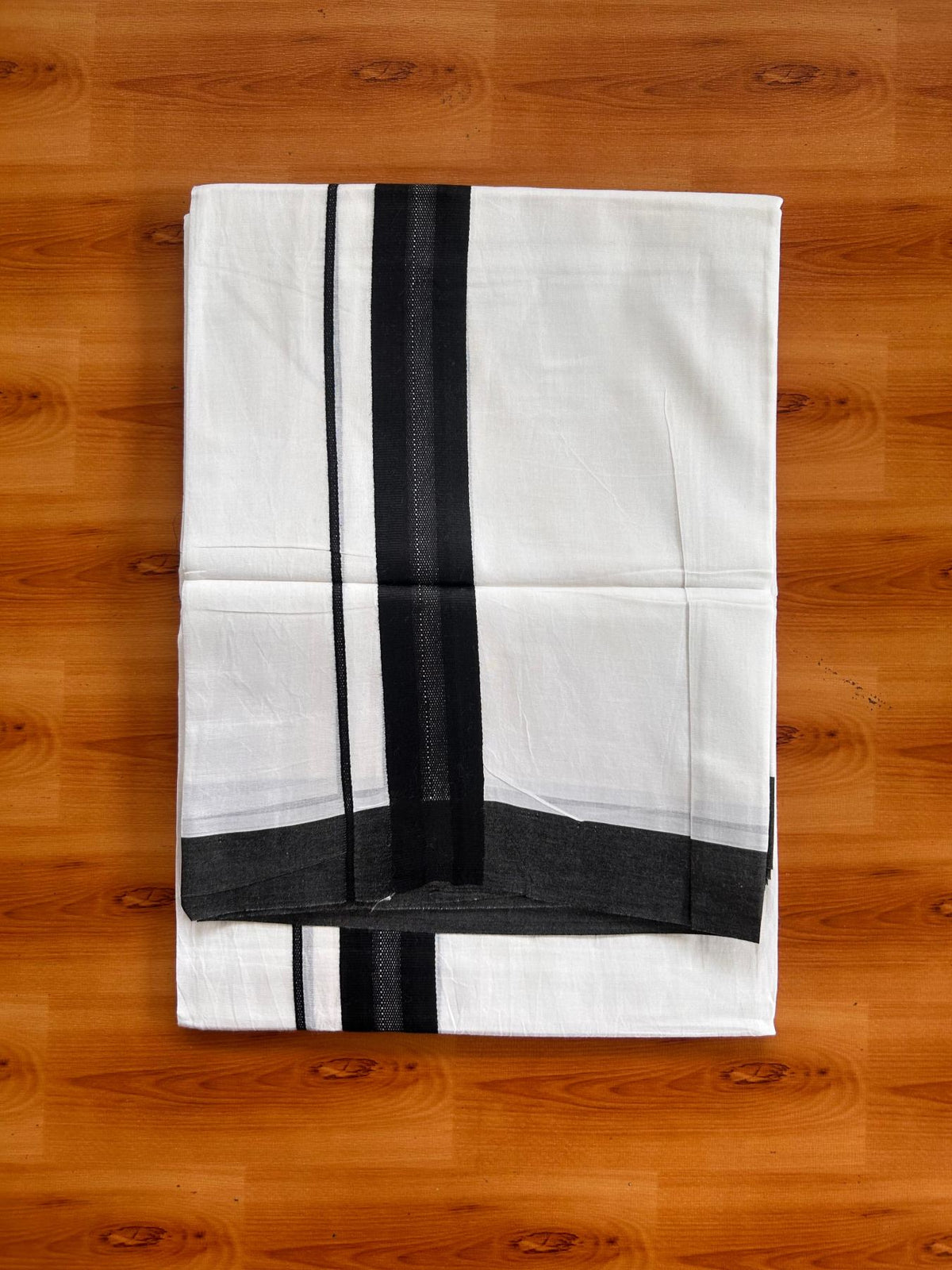 Pure White Double Mundu/Dhoti - 20% Discount ! Kaitharikada Pure Cotton - 100x80 - 1.25 inch Black striped Kara 3.80 mtr (8 muzham) - 62 KK5523 MC