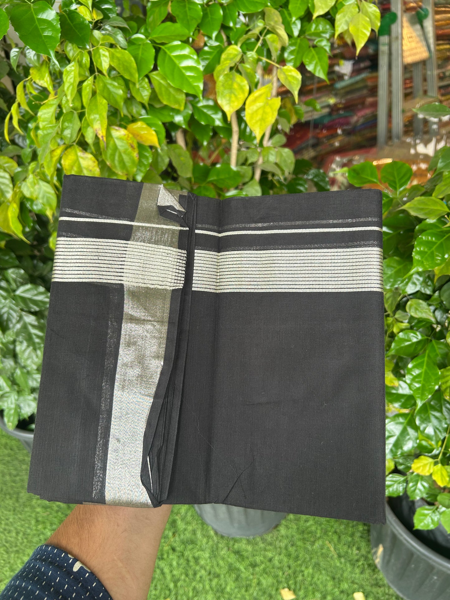 20% Discount !! KaithariKada Balaramapuram Double (Unbleached) Mundu/Dhoti - 80X90 - Black Colour Body - 1.5 inch Silver Kasav Kara 4 mtr (8.5 muzham) - 1 KK5343 PMC