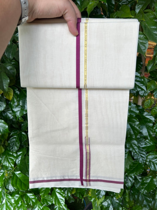 20% DISCOUNT! KaithariKada Balaramapuram 100% Cotton Double Off white - (Unbleached) Mundu/Dhoti- 100x100  1 cm Puliyilakkara Gold Kasavu & Magenta Chutty Kara - 4 mtr (8.5 muzham)- 15KK5228 ASH