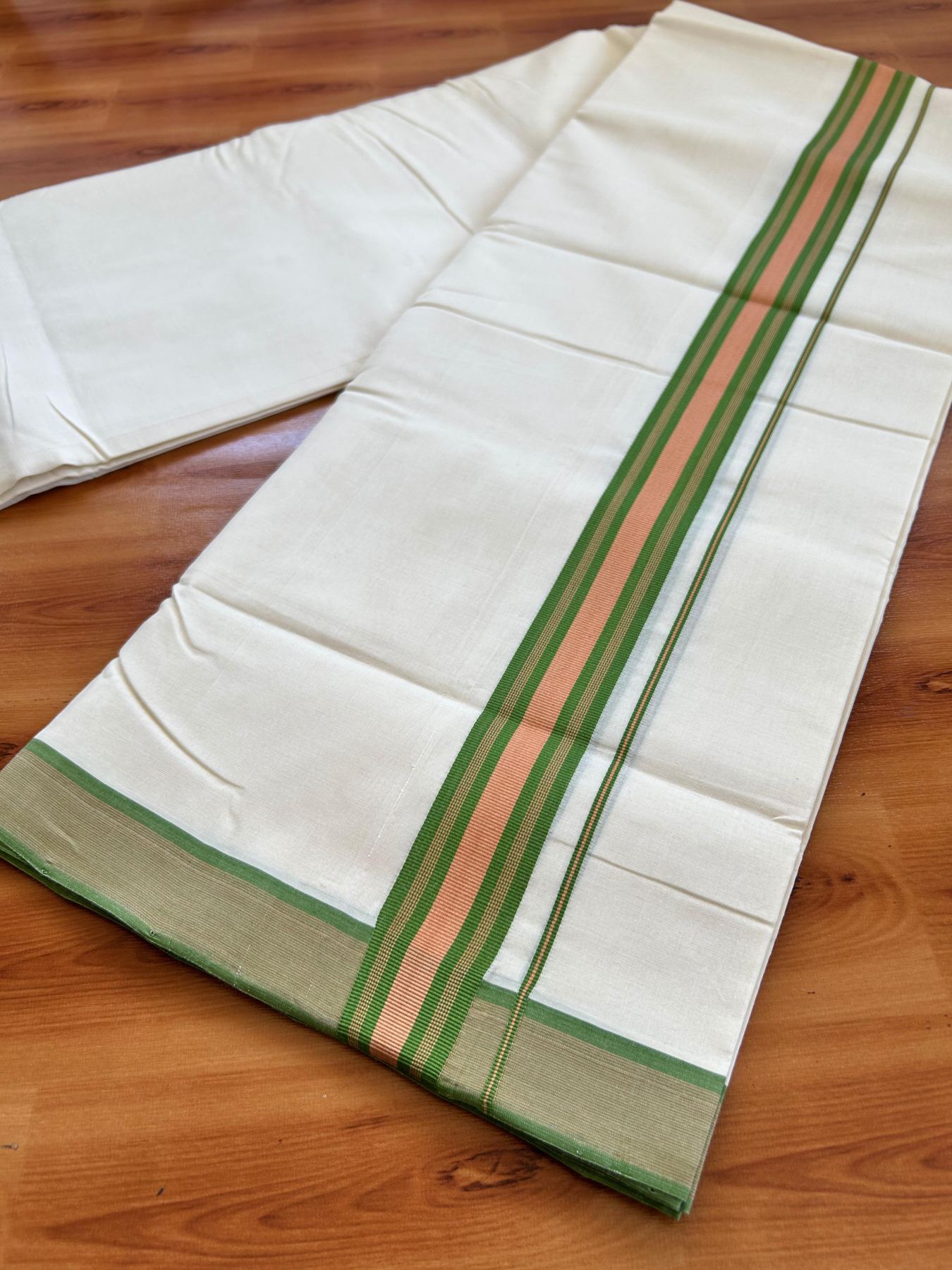 Double Off White (Unbleached) Mundu/Dhoti - 25% Discount!! KaithariKada Handloom Unakkupaav - Kerala Handloom - 100% Pure Cotton - 100x80 - 1.5 inch Orange Brown & Light Green Stripes Kara 4.00 meter (8.5 muzham) - 17 KK5488 REA