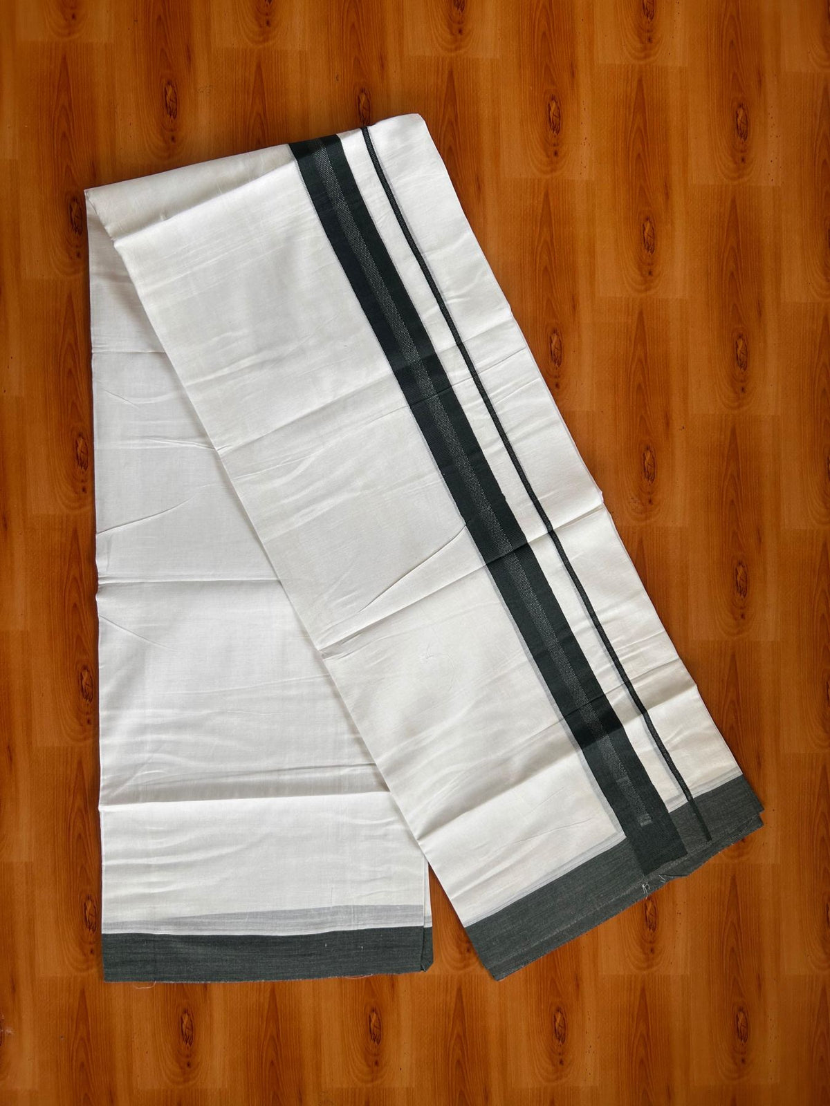 Pure White Double Mundu/Dhoti - 20% Discount ! Kaitharikada Pure Cotton - 100x80 - 1.25 inch Dark Green striped Kara 3.80 mtr (8 muzham) - 63 KK5523 MC