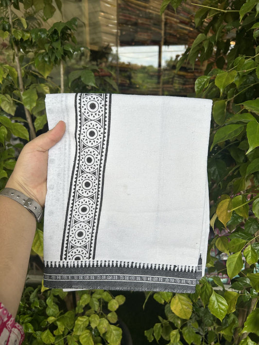 Kaitharikada - Polyster + Cotton - 40s twisted - Pure white Single Kaily / Lungi - 2 inch Black  Printed Kuppadam Border with White colour body (2 meter / 4 muzham) -  10 KK8041 GAN