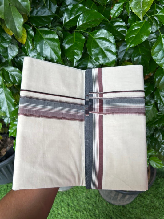 20% Discount KaithariKada Balaramapuram 100% Cotton Double Off white - (Unbleached) - Mundu/Dhoti - 100x100 - 1.5 inch Silver Kasav Black & Dark Maroon Striped Kara - 4 mtr ( 8.5muzham)- 16KK5228 ASH