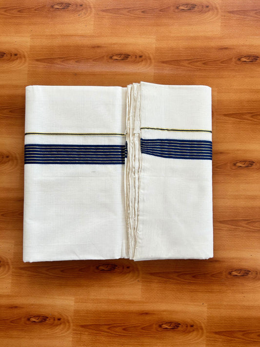 Short Dhoti Special! Double Off White (Unbleached) Mundu/Dhoti 25% Discount!! KaithariKada Handloom Unakkupaav - Kerala Handloom - 100% Pure Cotton 100x80- 46 inches Height 1 inch Dark Blue & Gold Kasav Stripes Kara 3.60 mtr (8 muzham) - 13 KK5488 REA