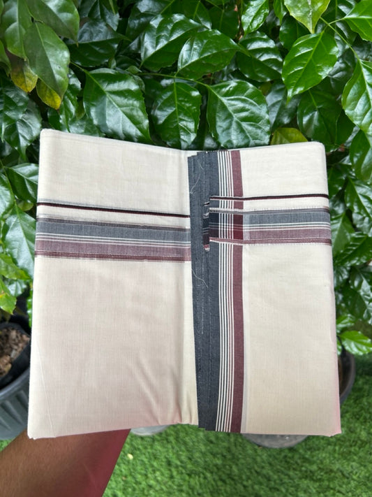 20% Discount KaithariKada Balaramapuram 100% Cotton Double Off white - (Unbleached) - Mundu/Dhoti - 100x100 - 1.5 inch Silver Kasav Black & Dark Maroon Striped Kara - 4 mtr ( 8.5muzham)- 17KK5228 ASH