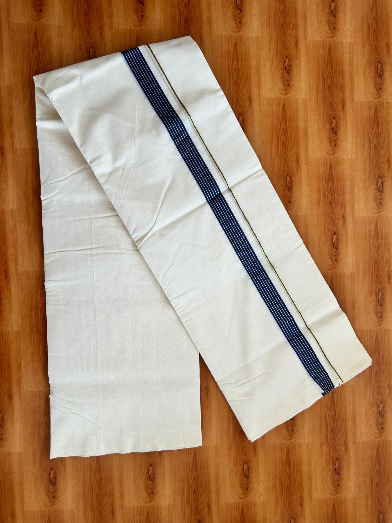 Short Dhoti Special! Double Off White (Unbleached) Mundu/Dhoti 25% Discount!! KaithariKada Handloom Unakkupaav - Kerala Handloom - 100% Pure Cotton 100x80- 46 inches Height 1 inch Dark Blue & Gold Kasav Stripes Kara 3.60 mtr (8 muzham) - 13 KK5488 REA