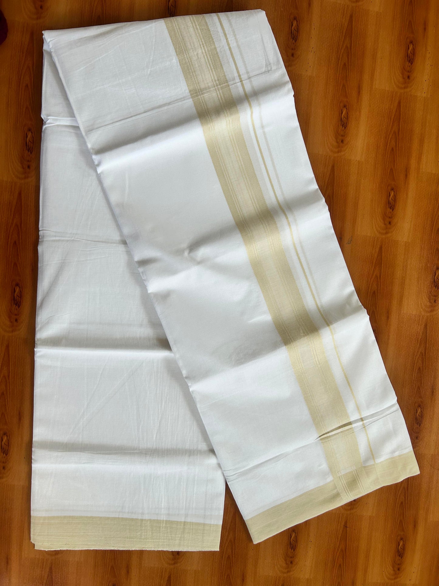 Pure White Double Mundu/Dhoti - 20% Discount ! Kaitharikada Balaramapuram Pure Cotton - 100x80 - 1.5 inch Light Beige Shaded Stripes Kara 3.80 mtr (8 muzham) - 115 KK5452 THI