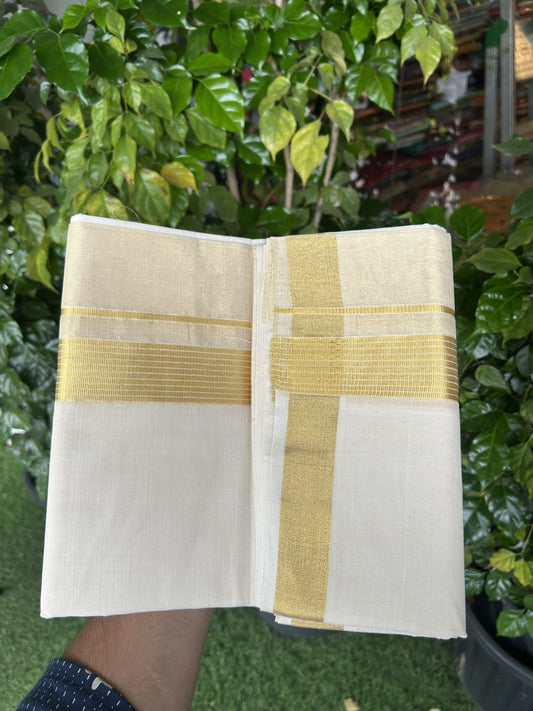 25% Discount ! KaithariKada Handloom Unakkupaav  Kerala Handloom - Pure Cotton Off White - (Unbleached) Double Mundu/Dhoti - (100X80) - 7 inch Gold Kasav Striped & Half Tissue Kara - 4 mtr (8.5 Muzham) -  5 KK5342 ABH