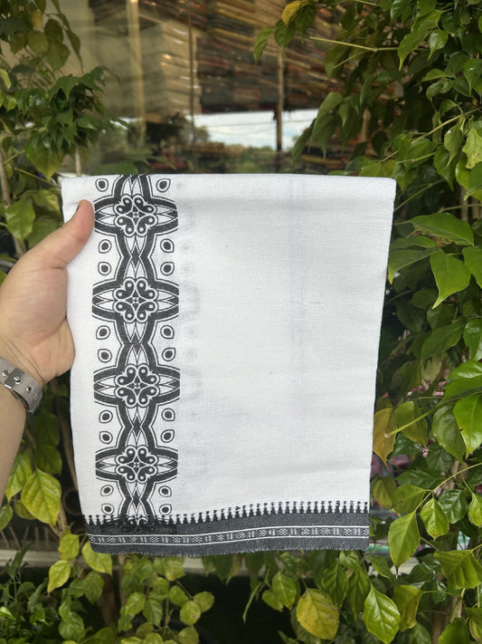 Kaitharikada - Polyster + Cotton - 40s twisted - Pure white Single Kaily / Lungi - 2.5 inch Black  Printed Kuppadam Border with White colour body (2 meter / 4 muzham) -  9 KK8041 GAN