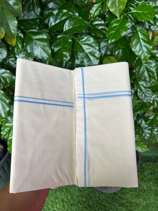 20% DISCOUNT! KaithariKada Balaramapuram 100% Cotton Double Off white - (Unbleached) - Mundu/Dhoti-100x100 - 0.3 cm  Light Blue Thin Kara - 13KK5228 ASH