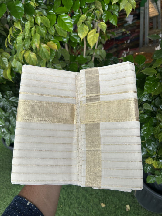 25% Discount ! KaithariKada Handloom Unakkupaav  Kerala Handloom - Pure Cotton Off White - (Unbleached) Double Mundu/Dhoti - (100X80) - 1.75 inch Light Kasav Full Body Striped  Kara - 4 mtr (8.5 Muzham) -  8 KK5342 ABH