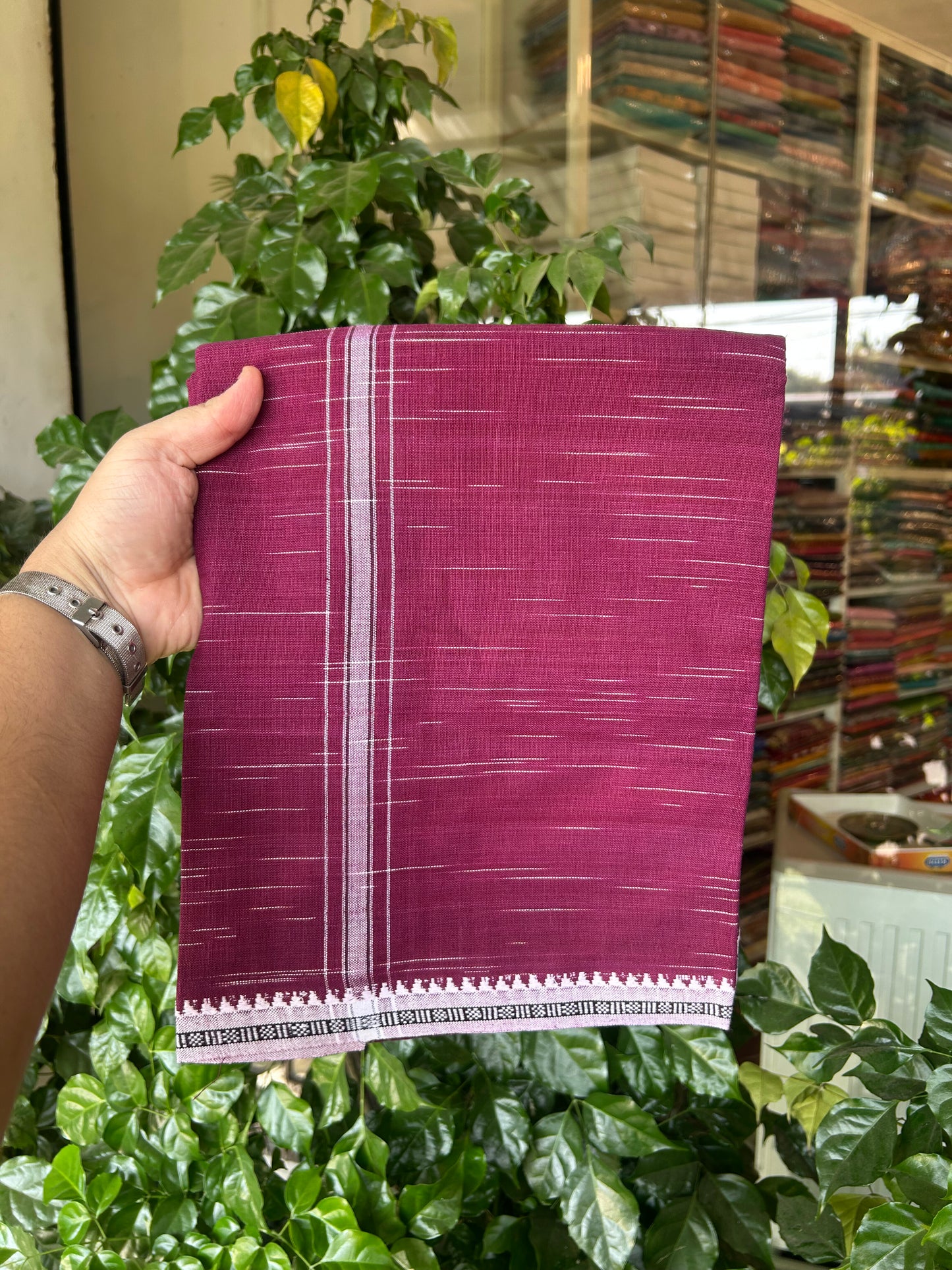 Premium Kathar Type Mund Pure cotton - Kaitharikada - Single Kaily / Lungi - 1 inch Black & White Stripes Kara kuppadam Border with Purple Wine colour body (2 meter / 4 muzham) - 21 KK8050 MUT