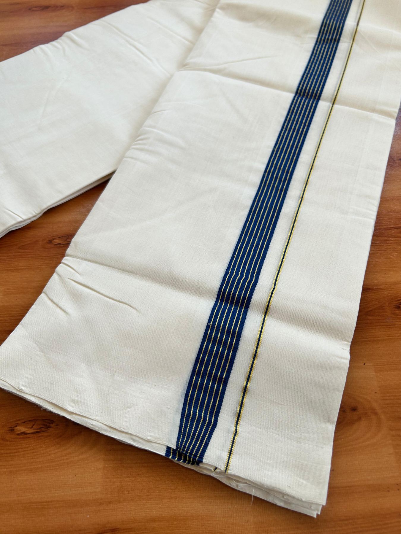 Short Dhoti Special! Double Off White (Unbleached) Mundu/Dhoti 25% Discount!! KaithariKada Handloom Unakkupaav - Kerala Handloom - 100% Pure Cotton 100x80- 46 inches Height 1 inch Dark Blue & Gold Kasav Stripes Kara 3.60 mtr (8 muzham) - 13 KK5488 REA