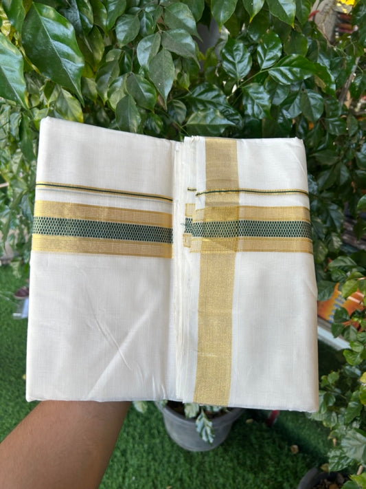 25% Discount!! KaithariKada Handloom Unakkupaav Balaramapuram - 100% Pure Cotton Off White Double - (Unbleached) Mundu/Dothi -80x90 - 1.75 Inch Gold Kasav & Green Jacquard Stripes kara 4mtr (8.5 muzham) - 13 KK5267 ABH