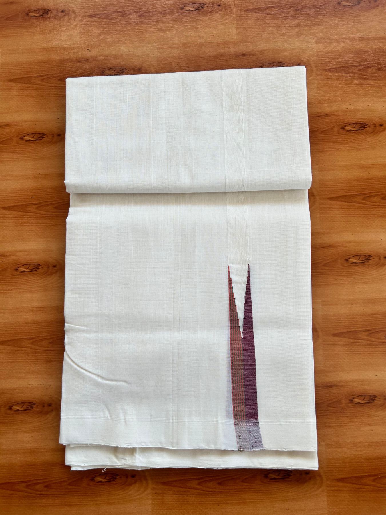 Off White - (Unbleached) Double Mundu/Dhoti - 25% Discount!! KaithariKada Handloom Unakkupaav Kerala Handloom 100% Pure Cotton  - 100X80 - 0.75 inch Puliyilakkara Orange Green & Maroon chutty Kara 4 meter (8.5 Muzham) - 9 KK5473 REA