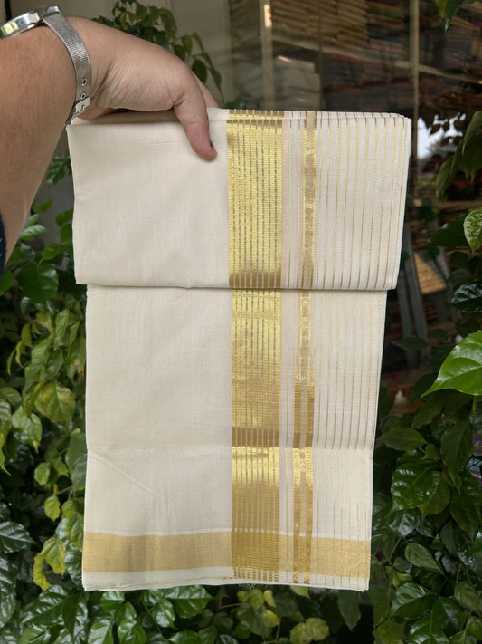 25% Discount ! KaithariKada Handloom Unakkupaav  Kerala Handloom - Pure Cotton Off White - (Unbleached) Double Mundu/Dhoti - (100X80) - 7 inch Puliyilakkara Gold Kasav Striped Chutty & Half Striped Kara - 4 mtr (8.5 Muzham) - 7 KK5342 ABH