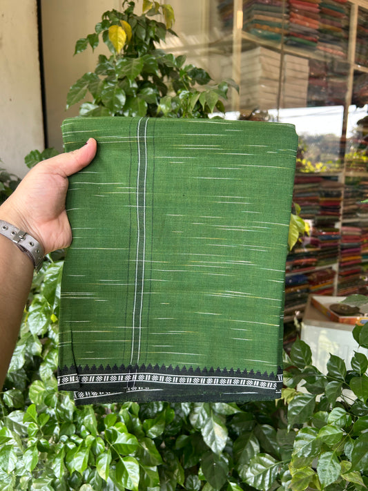 Premium Kathar Type Mund Pure cotton - Kaitharikada - Single Kaily / Lungi - 1 inch Black & White Stripes Kara kuppadam Border with Dark Greencolour body (2 meter / 4 muzham) - 30 KK8050 MUT