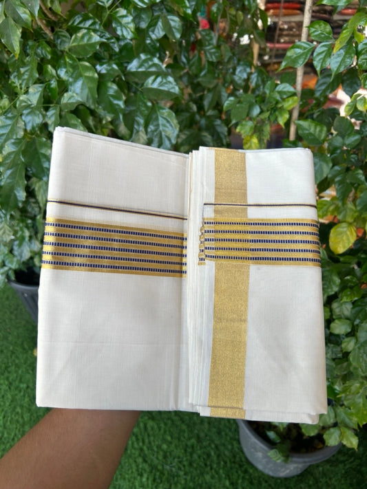 25% Discount!! KaithariKada Handloom Unakkupaav Balaramapuram - 100% Pure Cotton Off White Double - (Unbleached) Mundu/Dothi -80x90 - 1.75 Inch Gold Kasav & Navy Blue Stripes kara 4mtr (8.5 muzham) - 17 KK5267 ABH