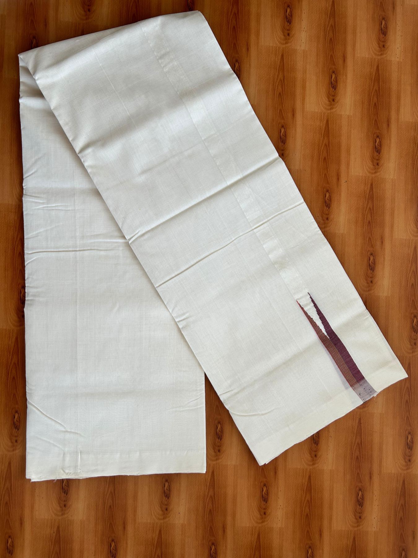 Off White - (Unbleached) Double Mundu/Dhoti - 25% Discount!! KaithariKada Handloom Unakkupaav Kerala Handloom 100% Pure Cotton  - 100X80 - 0.75 inch Puliyilakkara Orange Green & Maroon chutty Kara 4 meter (8.5 Muzham) - 9 KK5473 REA