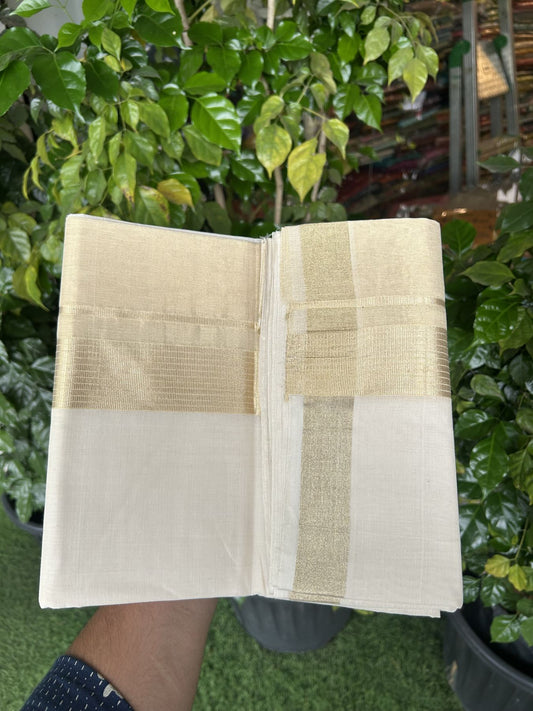 25% Discount ! KaithariKada Handloom Unakkupaav  Kerala Handloom - Pure Cotton Off White - (Unbleached) Double Mundu/Dhoti - (100X80) - 7 inch Gold Kasav Striped & Half Tissue Kara - 4 mtr (8.5 Muzham) - 4 KK5342 ABH