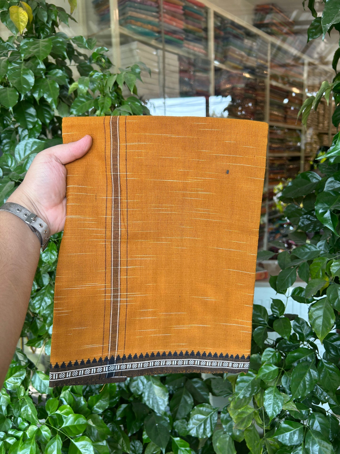Premium Kathar Type Mund Pure cotton - Kaitharikada - Single Kaily / Lungi - 1 inch Black & White Stripes Kara kuppadam Border with Orange Brown colour body (2 meter / 4 muzham) - 18 KK8050 MUT