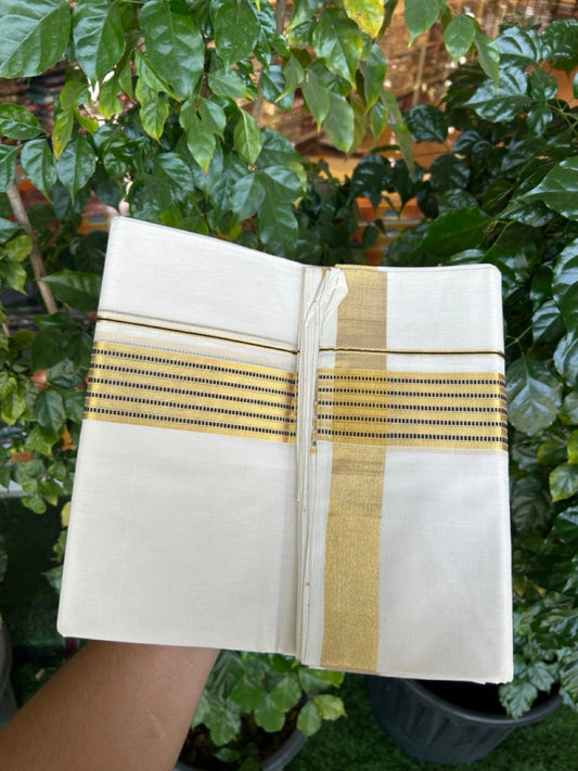 25% Discount!! KaithariKada Handloom Unakkupaav Balaramapuram - 100% Pure Cotton Off White Double - (Unbleached) Mundu/Dothi -80x90 - 1.75 Inch Gold Kasav & Black Stripes kara 4mtr (8.5 muzham) - 16 KK5267 ABH