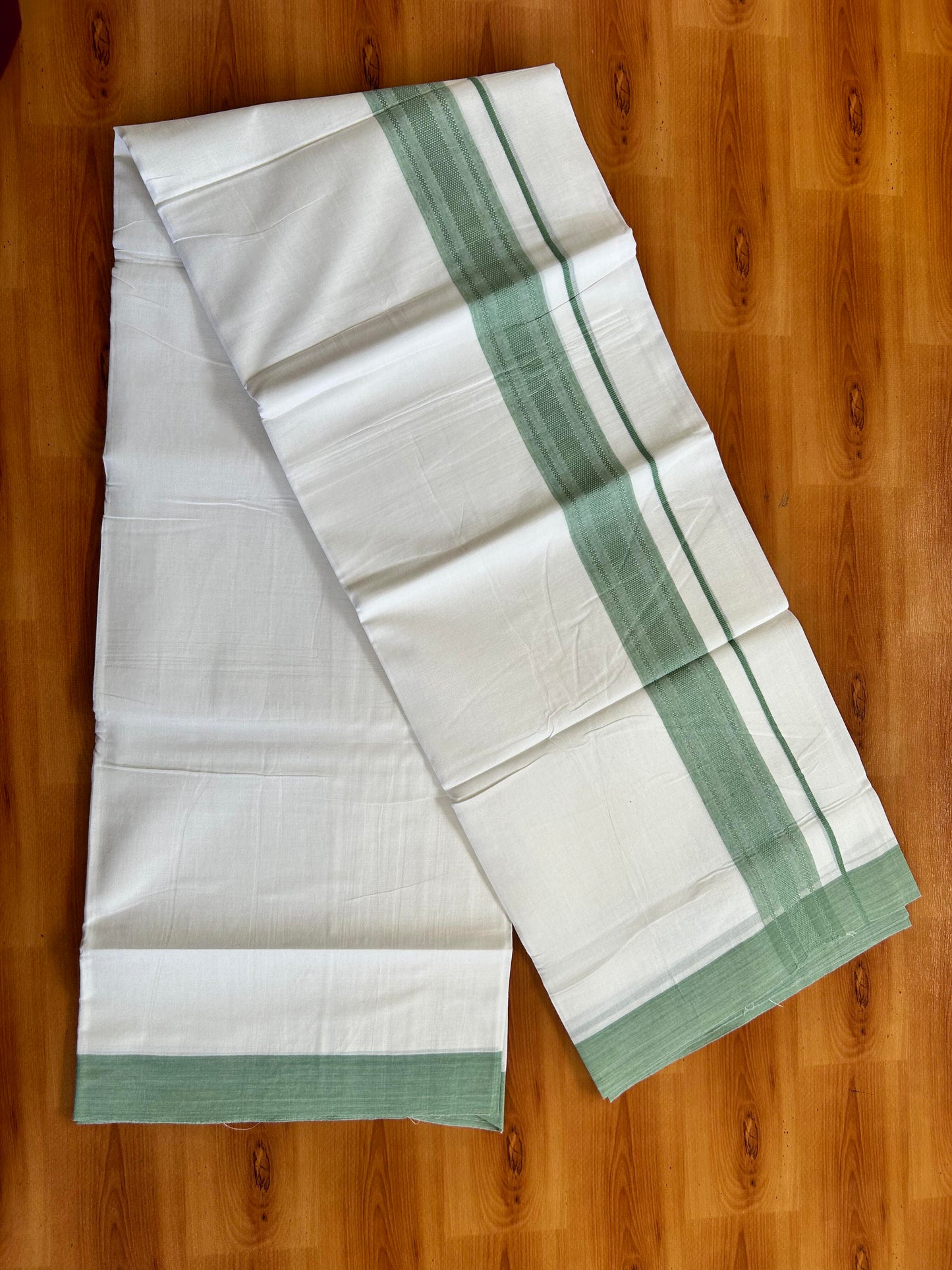 Pure White Double Mundu/Dhoti - 20% Discount ! Kaitharikada Balaramapuram Pure Cotton - 100x80 - 1.5 inch Pastel Green Shaded Stripes Kara 3.80 mtr (8 muzham) - 111 KK5452 THI