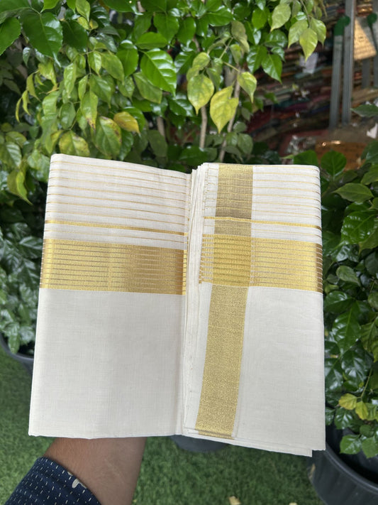 25% Discount ! KaithariKada Handloom Unakkupaav  - Kerala Handloom - Pure Cotton Off White - (Unbleached) Double Mundu/Dhoti - (100X80) - 7 inch Gold Kasav Side Striped  Kara - 4 mtr (8.5 Muzham)- 9 KK5342 ABH