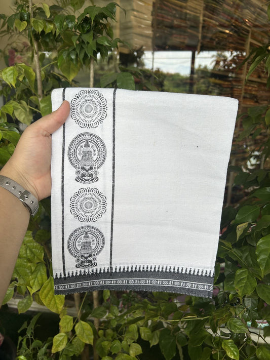 Kaitharikada - Polyster + Cotton - 40s twisted - Pure white Single Kaily / Lungi - 2.75 inch Black Kadhakali Printed Kuppadam Border with White colour body (2 meter / 4 muzham) -  4 KK8041 GAN