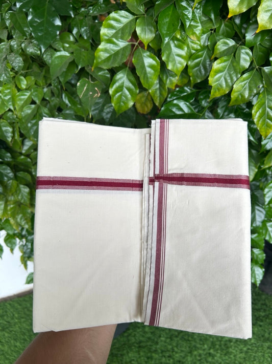 20% Discount!! KaithariKada Balaramapuram 100% COTTON SINGLE OFF WHITE - (Unbleached) Mundu/Dhoti - 100X100 - 0.5 inch Maroon & Silver Kasavu Striped Kara(2 meter / 4 muzham) - 12KK5228 ASH