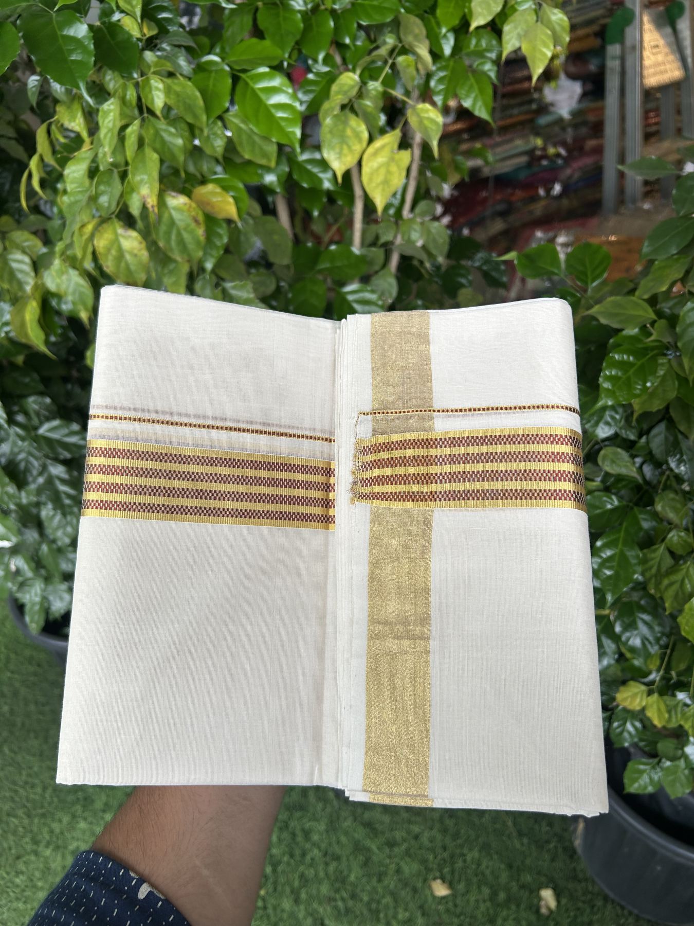 25% Discount ! KaithariKada Handloom Unakkupaav  Kerala Handloom - Pure Cotton Off White - (Unbleached) Double Mundu/Dhoti - (100X80) - 1.5 inch Gold Kasav & Maroon Jacquard Design Kara - 4 mtr (8.5 Muzham)- 20 KK5342 ABH