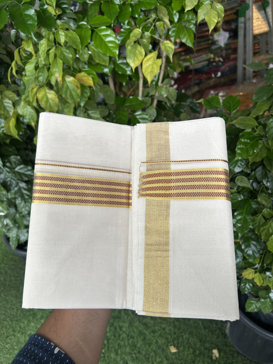 25% Discount ! KaithariKada Handloom Unakkupaav  Kerala Handloom - Pure Cotton Off White - (Unbleached) Double Mundu/Dhoti - (100X80) - 1.5 inch Gold Kasav & Maroon Jacquard Design Kara - 4 mtr (8.5 Muzham)- 20 KK5342 ABH