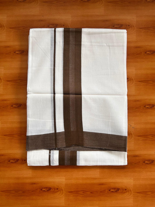 Pure White Double Mundu/Dhoti - 20% Discount ! Kaitharikada Pure Cotton - 100x80 - 1.25 inch Dark Brown striped Kara 3.80 mtr (8 muzham) - 65 KK5523 MC