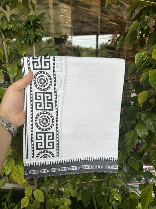 Kaitharikada - Polyster + Cotton - 40s twisted - Pure white Single Kaily / Lungi - 2.5 inch Black Printed Kuppadam Border with White colour body (2 meter / 4 muzham) -  2 KK8041 GAN