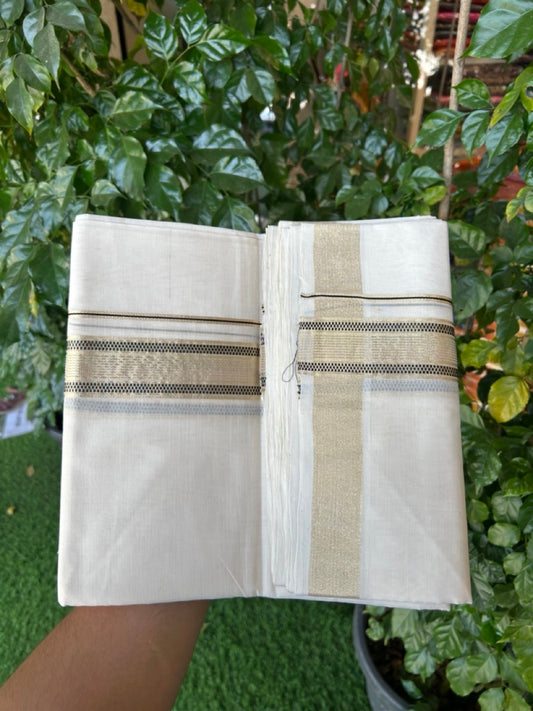 25% Discount!! KaithariKada Handloom Unakkupaav Balaramapuram - 100% Pure Cotton Off White Double - (Unbleached) Mundu/Dothi -80x90 - 1.75 Inch Light Gold Kasav & Black Jacquard Stripes kara 4mtr (8.5 muzham) - 14 KK5267 ABH