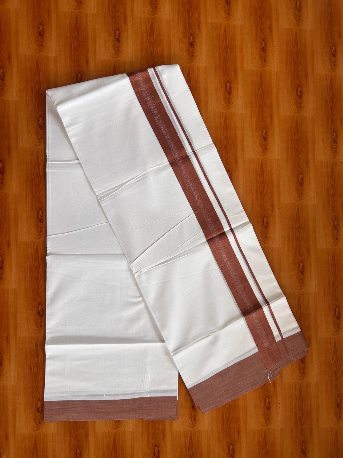 Pure White Double Mundu/Dhoti - 20% Discount ! Kaitharikada Pure Cotton - 100x80 - 1.5 inch Red Copper striped Kara 3.80 mtr (8 muzham) - 66 KK5523 MC