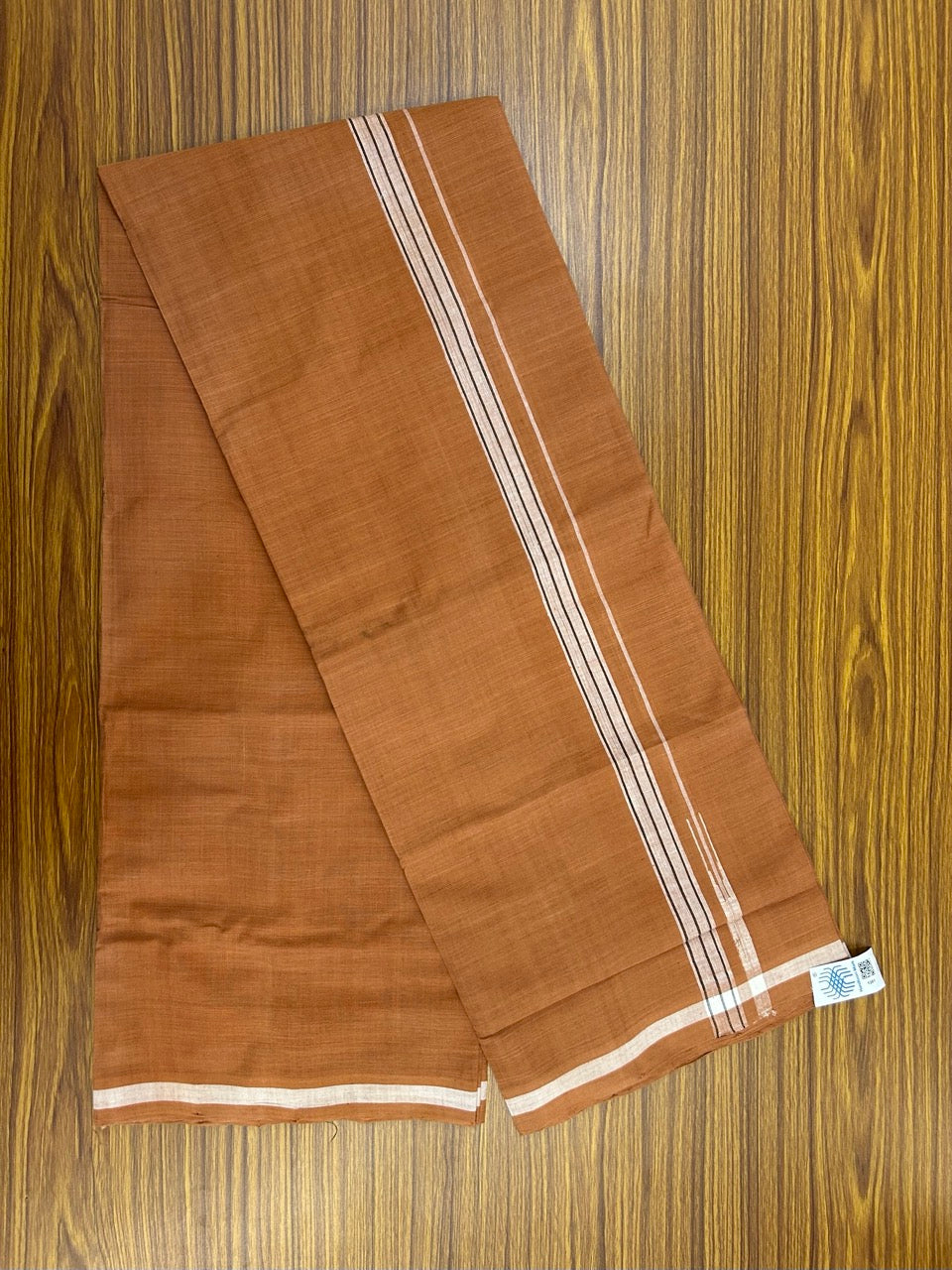 10% Discount !! KaithariKada 100% Pure Cotton - HANDLOOM Single Mundu/Dhoti  KAVI Brown COLOUR BODY & 0.75 inch White Puliyilakkara Black Striped Chutty Kara (2 meter / 4 muzham) - 2KK8020ELA